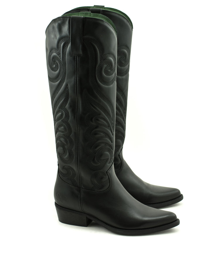 Felmini — D559 Tall Embroidered Cowboy Boot - Black