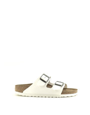 Birkenstock — Arizona Birko Flor - White/Antique Nickel Buckles Narrow Width