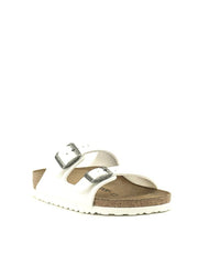 Birkenstock — Arizona Birko Flor - White/Antique Nickel Buckles Narrow Width