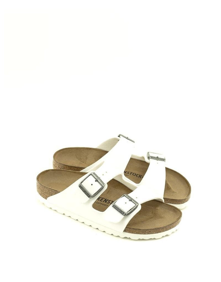 Birkenstock — Arizona Birko Flor - White/Antique Nickel Buckles Narrow Width